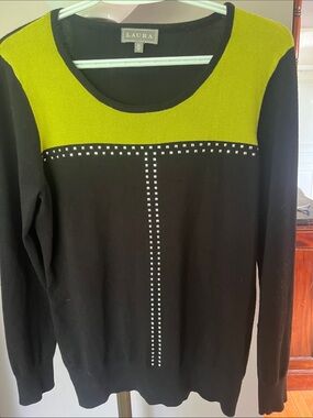 Laura Black Sweater with Chartreuse Yoke and Studded Front